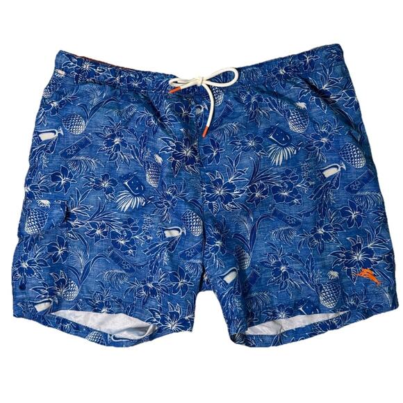 TOMMY BAHAMA BLUE TROPICAL PRINT MENS SWIM SHORTS LINED XL EUC - Picture 1 of 5